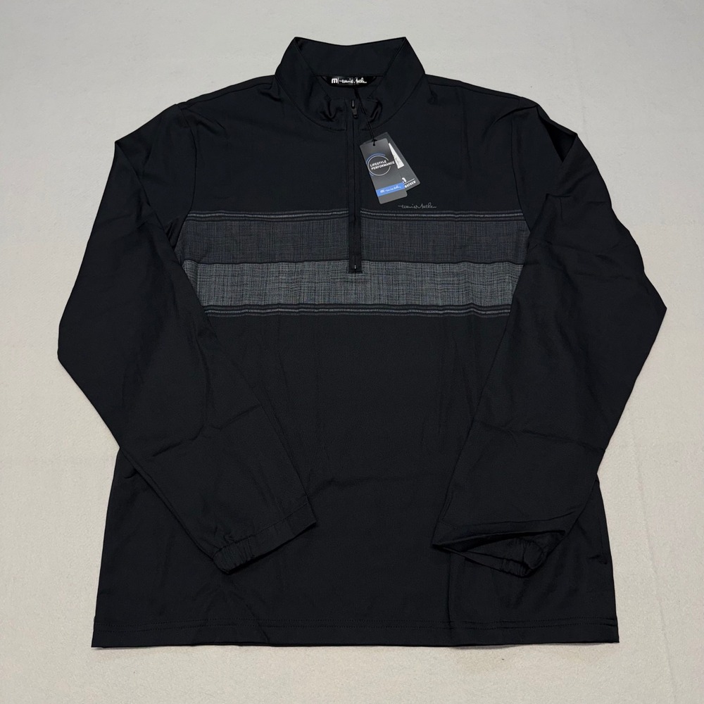 NWT TravisMathew Balboa Chest Stripe Mens Large Black 1/4 Zip Pullover Golf